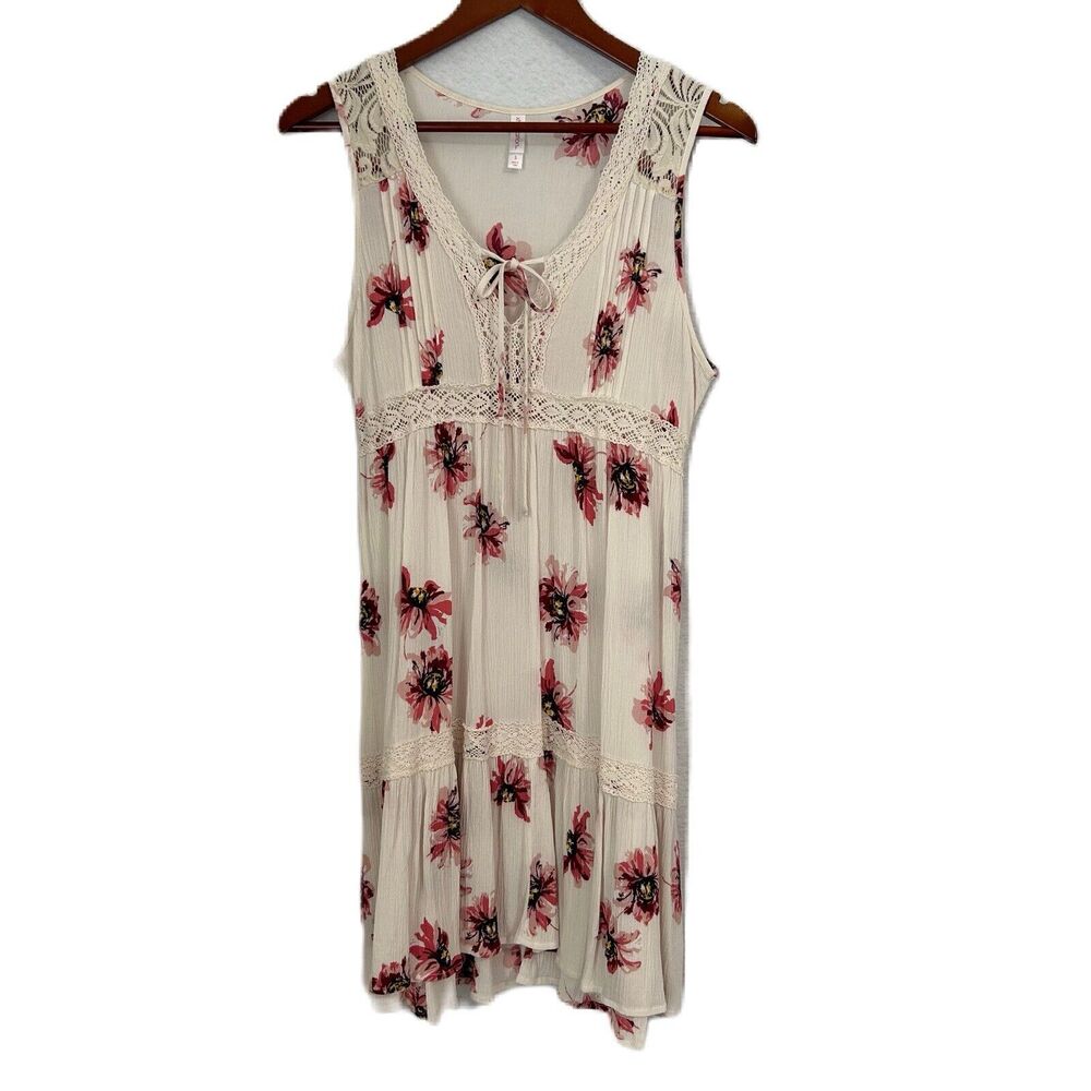 Xhilaration Sundress Women S Ivory Multi Pink Floral Sleeveles Lace Cottage Boho